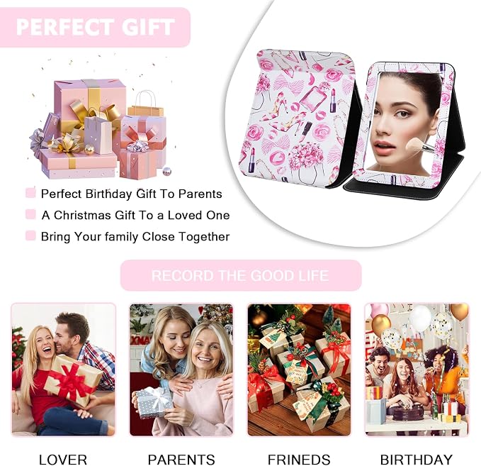 Portable Folding PU Leather Makeup Mirror with Adjustable Stand Large, Rectangular Desktop Vanity Mirror with Rounded Corners for Travel, Camping, Office, 7x9 Inches