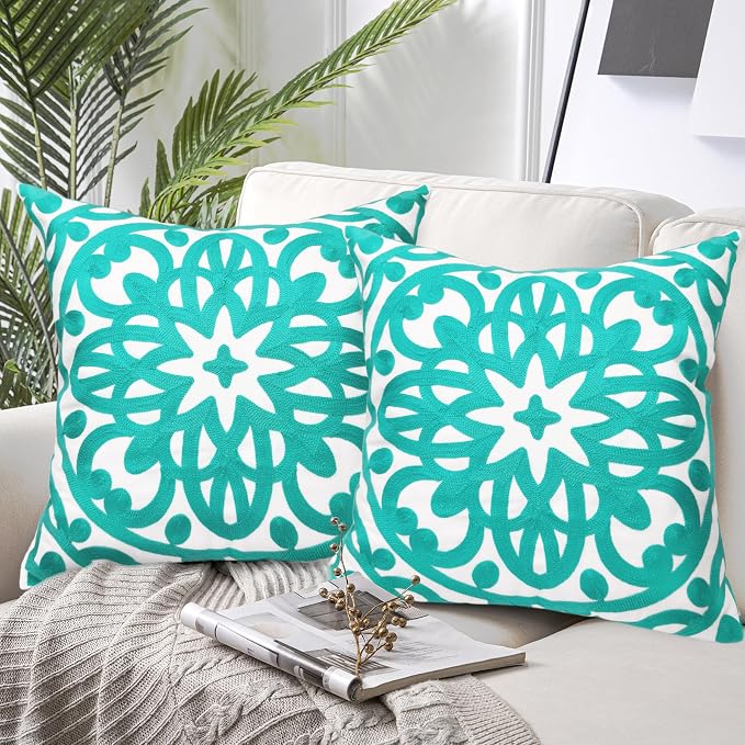 Alysheer Embroidered Spring Decorative Throw Pillow Cover 18"x 18" Set of 2, Boho Mandala Embroidery Turquoise Green Patterned Cushion Case for Sofa Couch Living Room Bedroom Outdoor