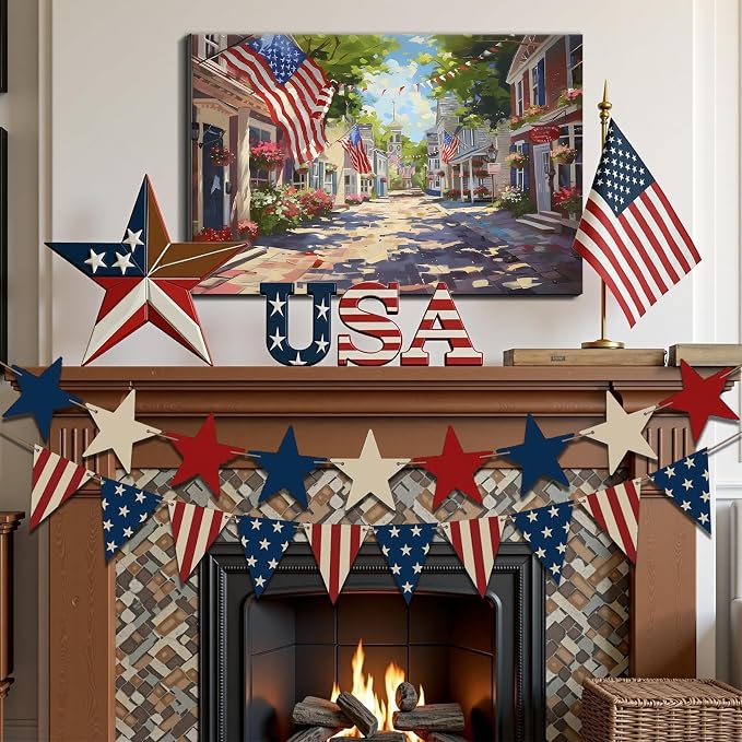 Framed Patriotic Small Town USA Wall Art, American Flag Street Canvas Art Pictures, Vintage Main Street Wall Decor for Living Room Entryway Dining Room, Ready to Hang Made in USA