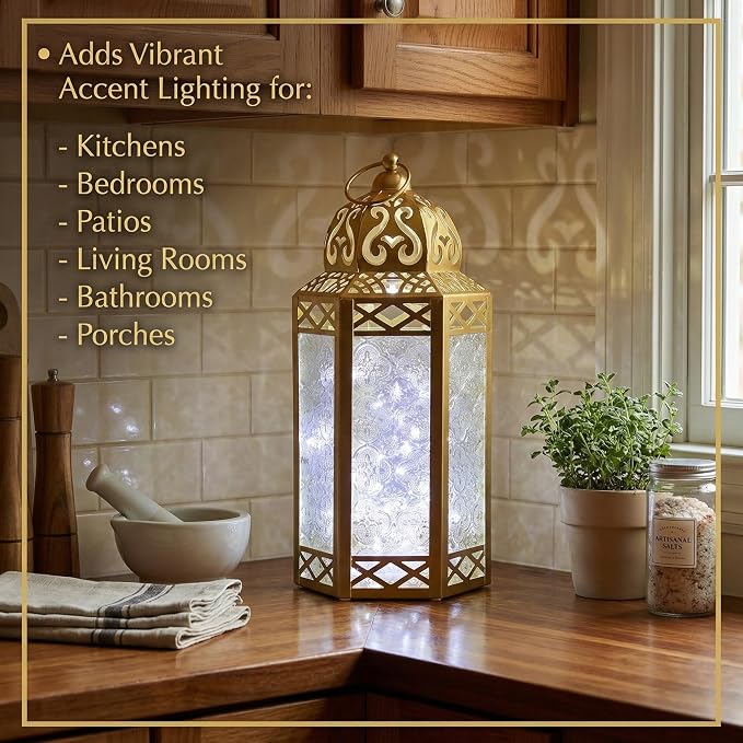 Vela Lanterns Decorative Indoor Fairy Light Ramadan Candle Holder, Gold, L | Turkish & Moroccan Decor, Eid Mubarak Decorations, Wedding Table Centerpieces, Metal Hanging Lamp, Porch Patio, 12" Tall