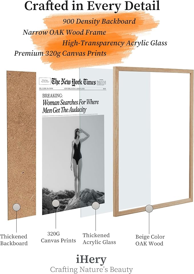 iHery 16x20in Where Men Get the Audacity Framed Newspaper Wall Art | Natural OAK Wood Frame with Canvas Print, Funny Magazine Decor for Bathroom, Bedroom, Girl Dorm and Living Room, 1Pack
