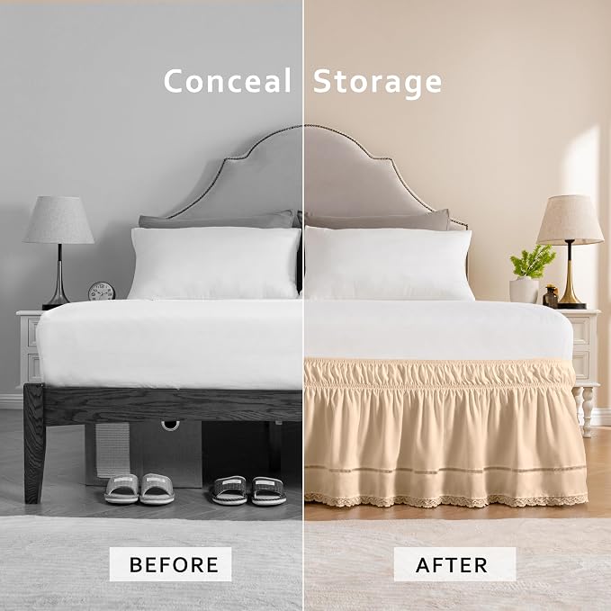 MIYE Wrap Around Ruffled Lace Bed Skirt, Elastic Dust Ruffle with Adjustable Belts, Easy to Put On, Bed Frame Cover, Machine Washable (Floral Lace/Beige, King/Queen-12.5" Drop)