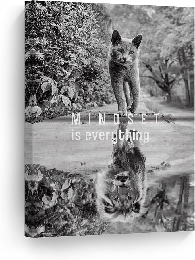 Smile Art Design Mindset is EverytingBlack and White Cat and Lion Reflection Motivational Wall Art Canvas Print Inspirational Entrepreneur Quote Office Living Room Decor Gift Ready to Hang 40x30