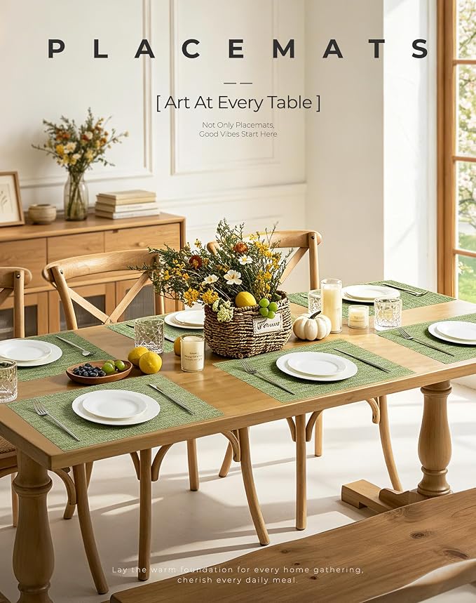Leetaltree Bean Green Woven Placemats Set of 12 - Heat Resistant Non-Slip Place Mats for Dining Table, Washable Durable PVC Table Mats(Bean Green, 12)