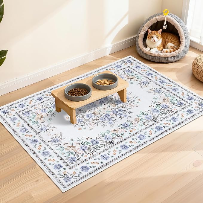 GarveeHome 3x5 Floral Rug for Nursery Vintage Flower Leaf Bordered Carpet | Machine Washable Non-Slip Low Pile Throw Floor Cover Colorful Beige Area Rug for Bedroom Living Room Dining