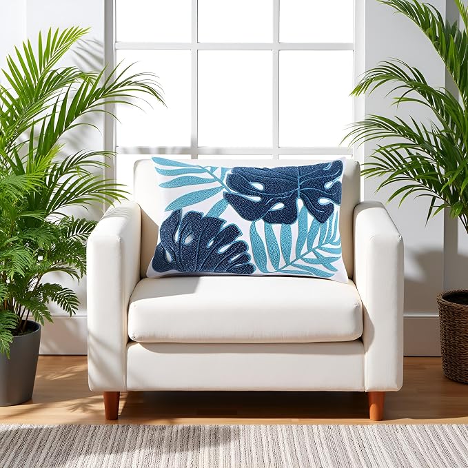Embroidered Throw Pillow Covers 12x20 Pack of 2 Blue Botanical Leaf