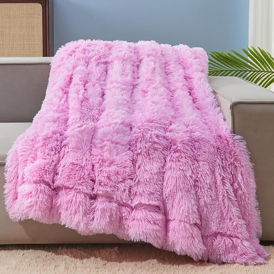 GONAAP Fuzzy Faux Fur Twin Blanket for Couch, Light Pink, 60"x80" | Warm Cozy Plush Shaggy Decorative Reversible Thick Non-Heated Fleece Blanket for Sofa Bed, Gift for Women Men, All Season Use