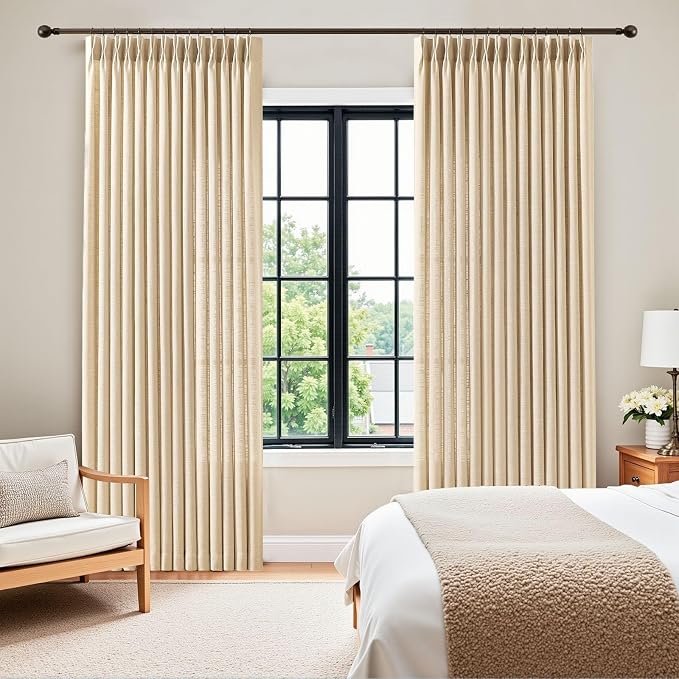 Pinch Pleated Linen Blend Light Filtering Sheer Curtains for Living Room | Sliding Door, Semi Sheer, Pinch Pleat, Hook Rings, Non See Through, Extra Wide, Large Window, 60Wx102L, Sand Beige, 1 Panel