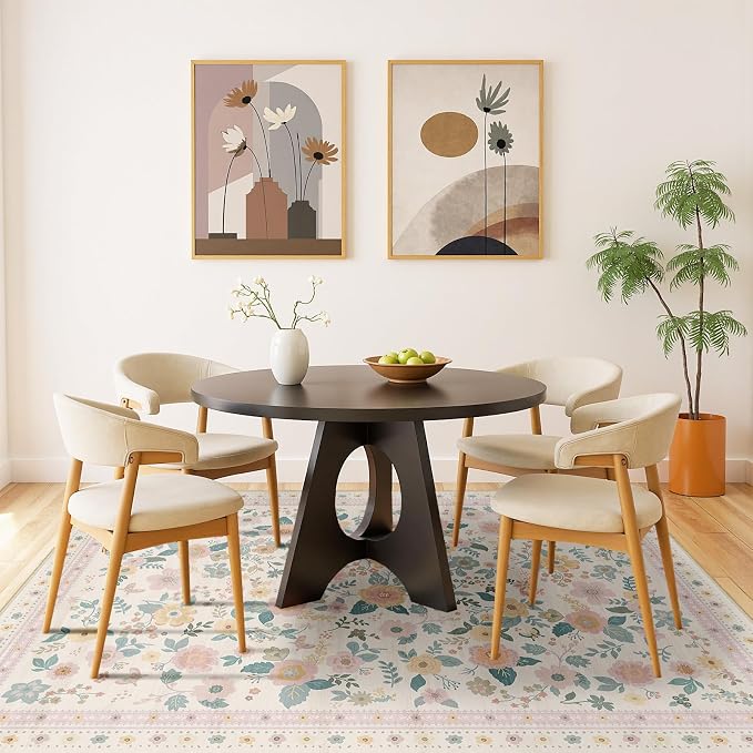Washable Floral Area Rug for Living Room 3x5 Light Beige | Non-Slip，Vacuum-Friendly, Low Pile, Flower Carpet for Bedroom Kitchen Entryway Dining Room Office Nursery