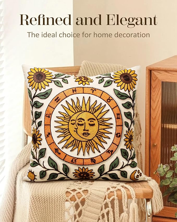 Embroidered Throw Pillow Cover 18x18 Inch, Sunflower Moon | Decorative Pillow Cover, Farmhouse Boho Cushion Case with Hidden Zipper, Autumn Decor for Couch, Sofa, Living Room, Bedroom