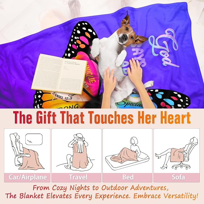 TURMTF Purple Butterfly Throw Blanket, Inspirational Christian Gifts for Women Wife Friend Daughter, Plush Fleece for All Seasons Couch Bed Home Decor