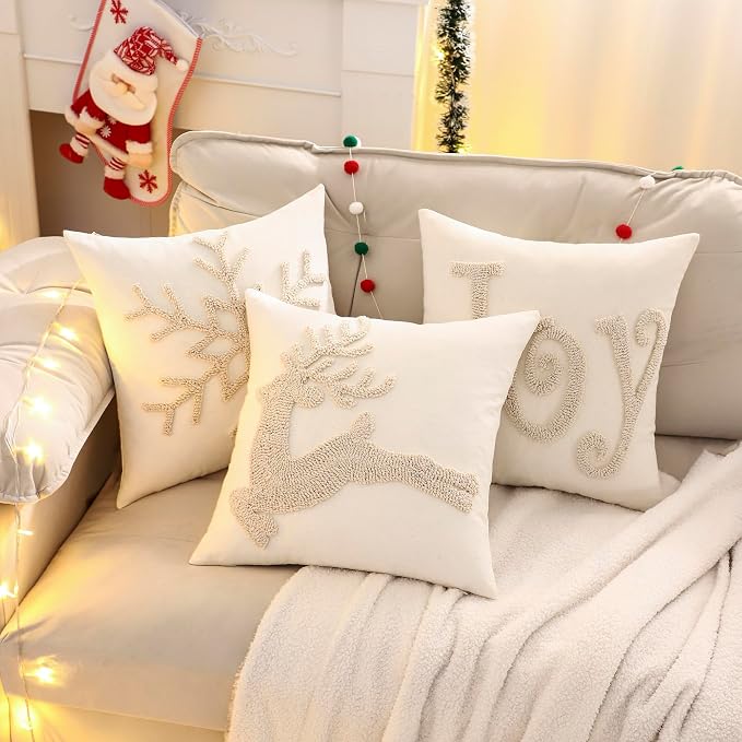 Christmas Throw Pillow Covers 18x18 Set of 2 Beige Xmas Snowflake