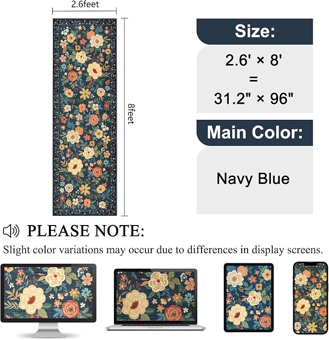 DUKINO 2.6x8 Runner Rug, Washable Runner Rug for Hallway Non Slip Navy Blue | Low Pile, Soft, Floral Indoor Rug for Kitchen, Entryway, Bedroom, Bathroom, Pet Friendly, Stain Resistant, Modern Home Decor