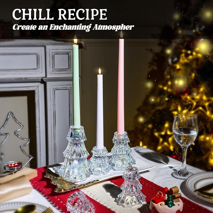 CHILL RECIPE Christmas Tree Candle Holders Xmas Glass Taper Candlestick Holders Thickened with Rubber Candle Grippers for Decoration Table Centerpiece Dinner Party Home Decor(Sparkly Clear 3Pcs &Box)
