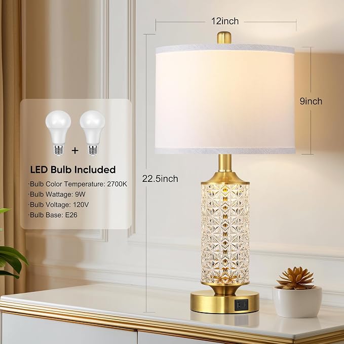 QiMH Gold Glass Table Lamps Set of 2, Nightstand Lamps for Living Room