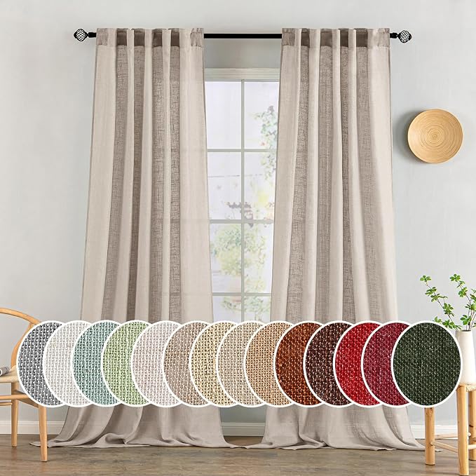 MIULEE Natural Linen Curtains 52x96 Inch Long 2 Panels for Bedroom | Soft Linen Textured Window Drapes, Semi Sheer Light Filtering, Back Tab Rod Pocket, Farmhouse Modern Burlap Look Decor