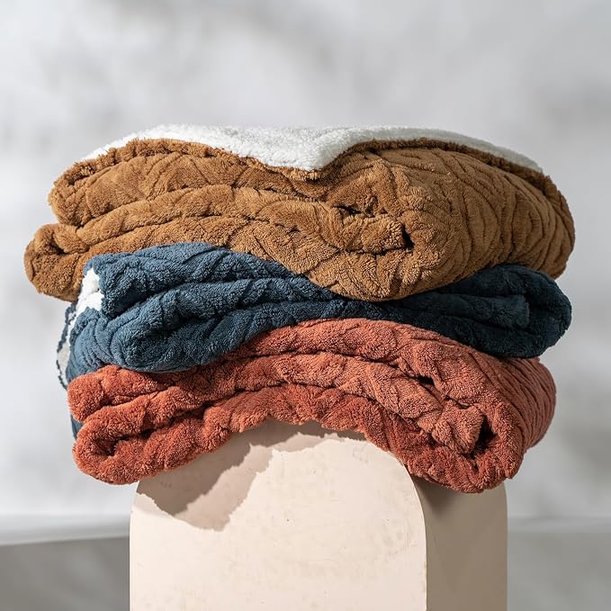 EverGrace Jacquard Reversible Sherpa Throw Blanket, 50" x 60", Burnt Orange | Jacquard Sherpa Throw Blanket, Super Soft, Cozy Plush Blanket, Reversible Thick Warm Throw for Bed, Sofa, Living Room