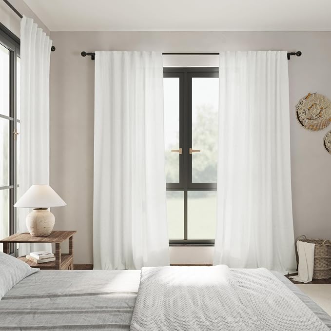 Ivory Linen Back Tab Curtains 94 Inch Length for Living Room 2 Panel Set Neutral Modern Farmhouse Window Curtain Privacy Semi Sheer Linen Drapes Rustic Pinch Pleated Look Curtain