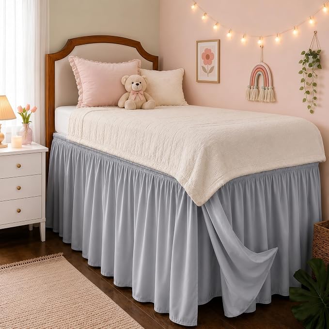 College Dorm Bed Skirt Twin XL 32" Drop, Slit Corner Bedskirt, Ice Grey | Solid ruffled, Wrap-around/elastic, Wrinkle & Fade resistant, with Adhesive Strips, Gift Packed, Machine Wash/Tumble Dry/Iron