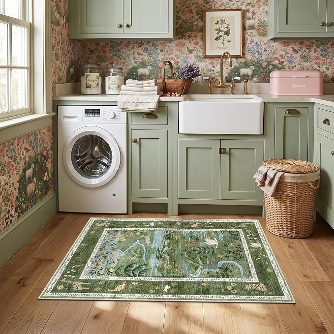 2x3 Washable Area Rug for Entryway Non Slip Safari Nursery Rug Green Kids Room Rugs Low Pile Stain Resistant Jungle Animal Print Rugs Small Throw Mat for Living Room Bedroom Girls Room, Green