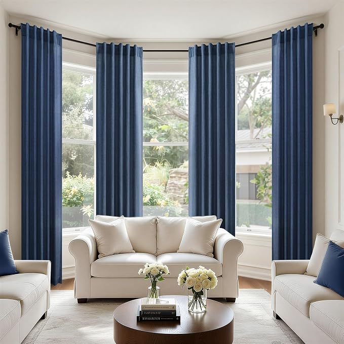 Navy Blue Curtains 38 Inch Wide for Living Room 2 Panel Back Tab Pocket Light Filtering Semi Sheer Linen Long Skinny Small Curtain for Windows Farmhouse Bedroom Entry Door Doorway Width 38 x 84 Length
