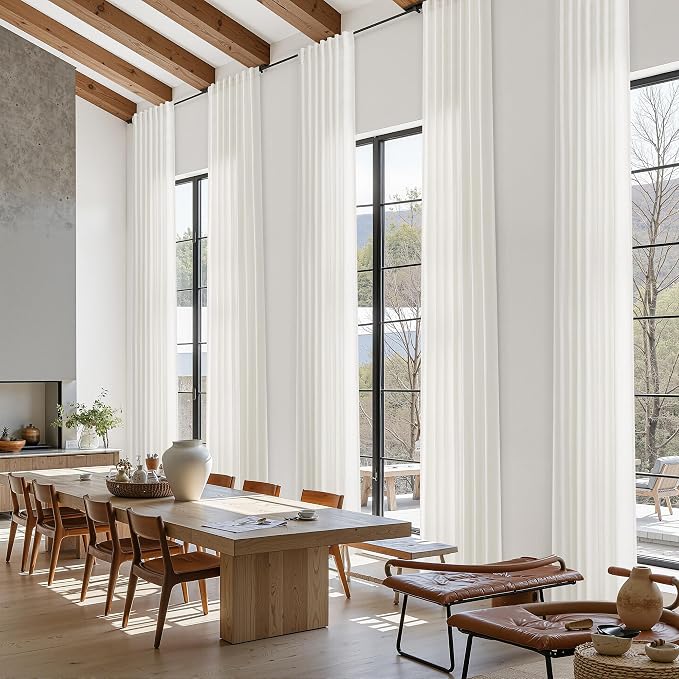 Extra Long Beige White Linen Curtains 132 Inch for Living Room 2 Panels Set Rod Pocket Back Tab Light Filtering Semi Sheer Curtain Privacy Floor to Ceiling High Ceiling Drapes for Farmhouse 52x132