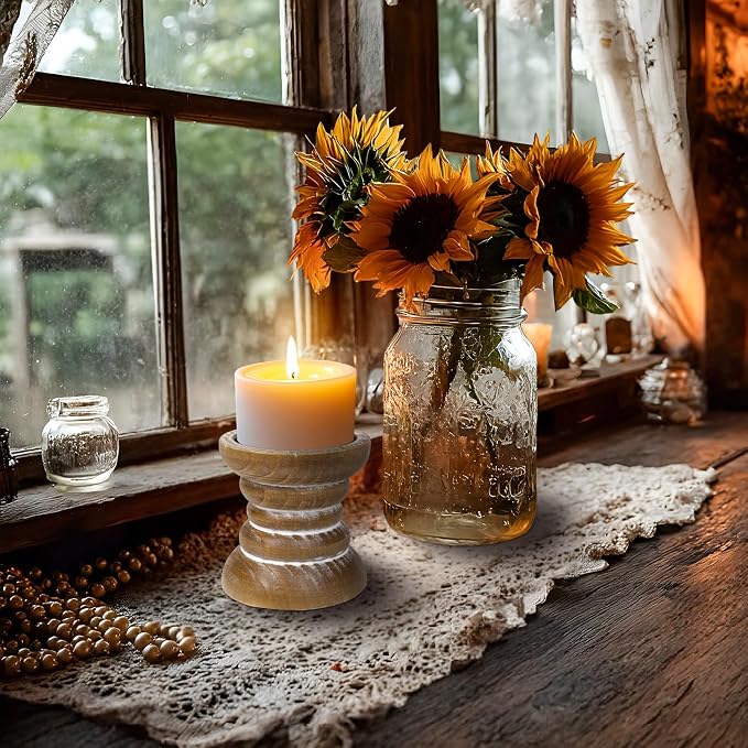 Pillar Candle Holder, Farmhouse Wood Candle Holder, Rustic Wooden Candle Stand, Vintage Small Wooden Candlestick Holders for Living Room, Table Centerpiece, Brown