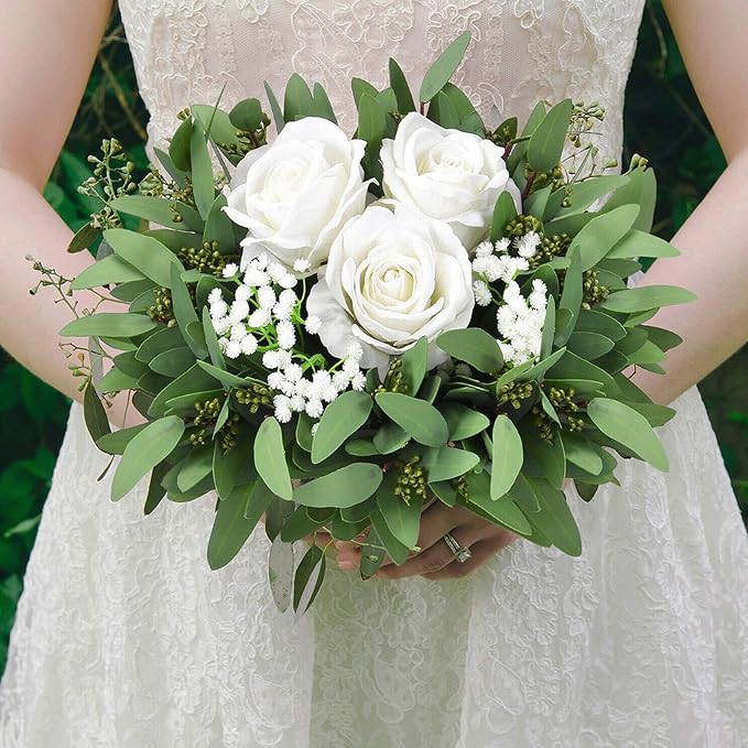 GREENTIME 8 Pack 13“ Faux Eucalyptus Stems with Seeds Artificial Leaves | Seeded Branches Greenery Stems for Bridal Wedding Bouquet Vase Table Centerpiece Decor