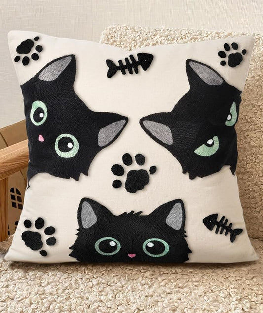 Embroidered Throw Pillow Cover 18x18 Inch, Cat Bone | Decorative Pillow Cover, Whimsical Cushion Case with Hidden Zipper, Cottagecore Decor for Couch, Sofa, Living Room, Bedroom