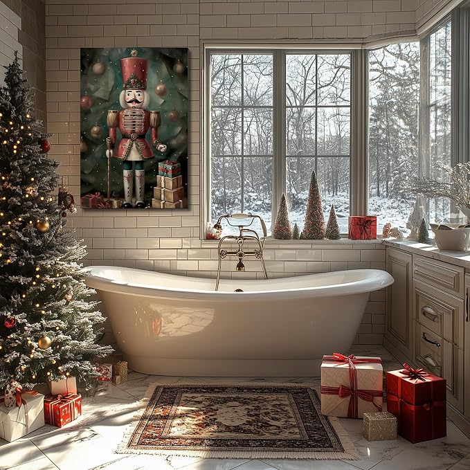 Vintage Christmas Wall Art Canvas – Rustic Christmas Decor for Living Room & Bedroom – Framed Christmas Prints & Pictures for Home Decor