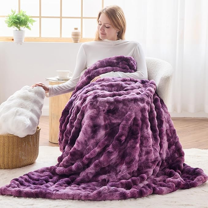 NEWCOSPLAY Faux Fur Bubble Twin Blanket for Couch, Tie-Dye Purple, 60"x80" | Fluffy Soft Thick Warm Bubble Blanket for Couch Sofa Bed 700GSM, Plush Cozy Luxury Decorative Throw, Gift for Women Men