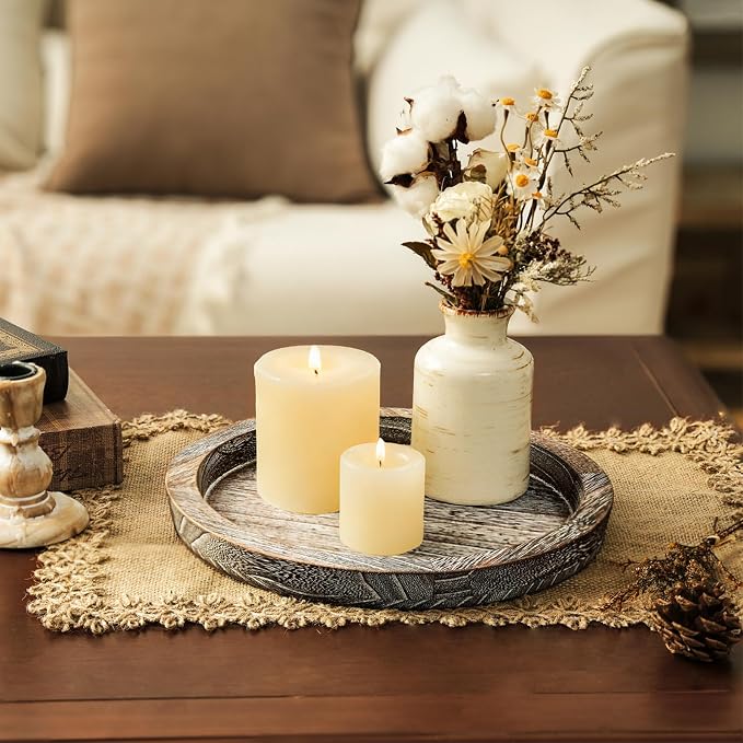 Romadedi Farmhouse Wooden Candle Tray, 11 Inch Round, Whitewashed