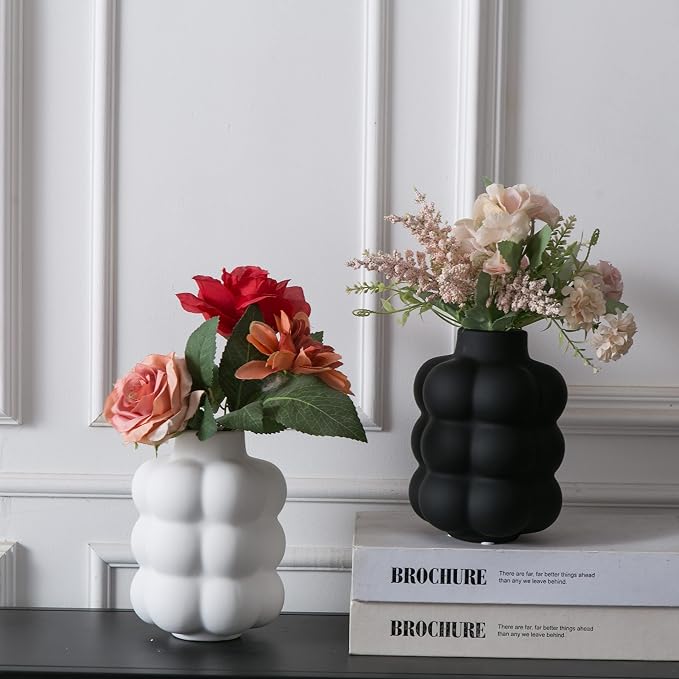 Mowtanco White Ceramic Vase, Modern Small Vase for Centerpiece 6.7" Tall | Boho tabletop decor accent vase for dried flowers, centerpiece for living room bedroom shelf, minimalist home decor gift