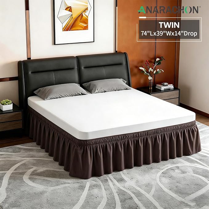 ANARACHON Twin Bed Skirt, Elastic Wrap Around Bed Skirt Twin Size, Bed Skirts for Adjustable Bed, Easy Fit with 14" Drop Length Tailored Drop Dust Ruffle (Brwon)