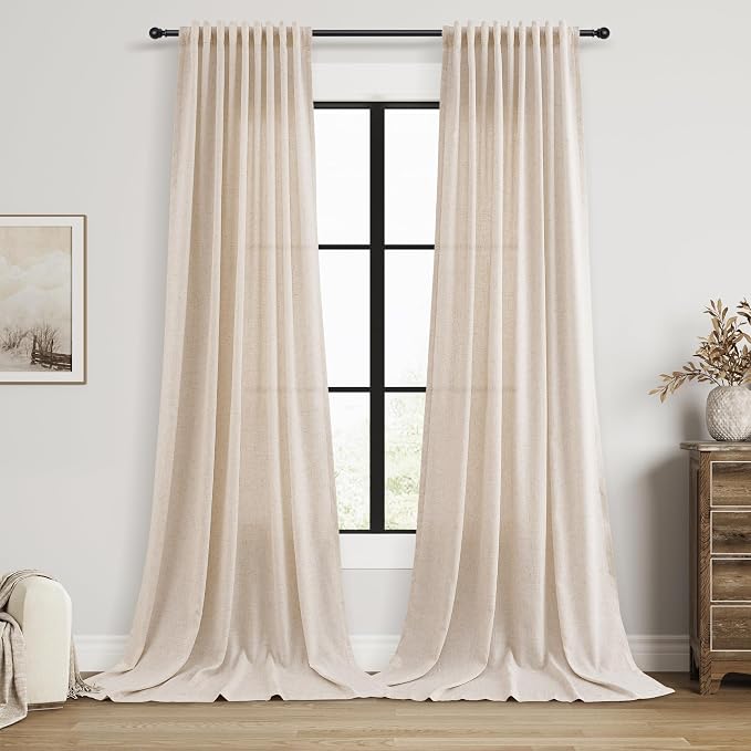 Extra Long Linen Curtains 108 Inches for Living Room Back Tab Semi Sheer High Floor to Ceiling 9ft Light Filtering Curtain Boho Farmhouse Decor Window Drapes for Bedroom 2 Panels Cream Beige