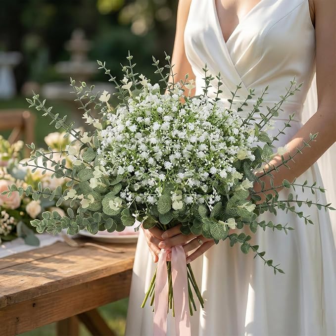 lovemoon 200 Pcs Mixed Greenery Artificial Eucalyptus Stems, Baby Breath Artificial Flowers Bulk and Eucalyptus Leaves for Wedding Bouquets Home Office Floral Decor (200, Green and White)