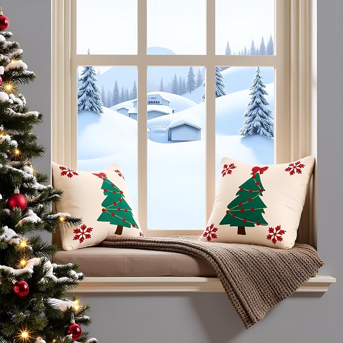 Christmas Throw Pillow Covers 18x18 Set of 2 Green Xmas Tree