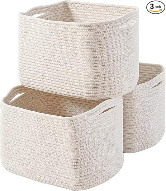 ICERZCZ Storage Baskets for Organizing Shelves 15x11x9.5 Off White 3 Packs | Woven Cotton Rope Bins for Baby Nursery Organization, Book Toy Towel Organizer, Living Room, Bedroom, Bathroom, Kid's Room