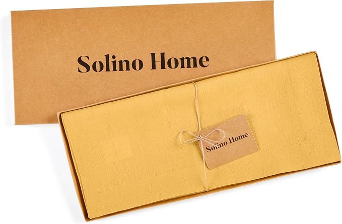 Solino Home 100% Pure Linen Dining Table Runner Yellow, Fete 14 x 144 in | dresses up dining tables for everyday meals, European flax fibres, handloomed texture, machine washable, OEKO-TEX Certified