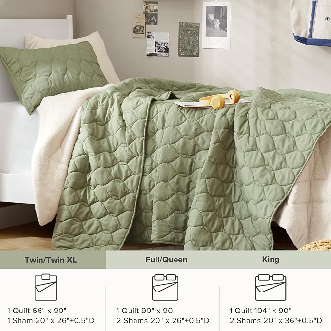Comfort Spaces Kienna Twin Quilt Bedding Set 2P, 66"x 90" Olive Green Ogee | Soft Cozy Lightweight Summer Twin XL Coverlet for College Dorm, Quilted Extra Layer, Modern Casual Bedroom Decor, OEKO-TEX