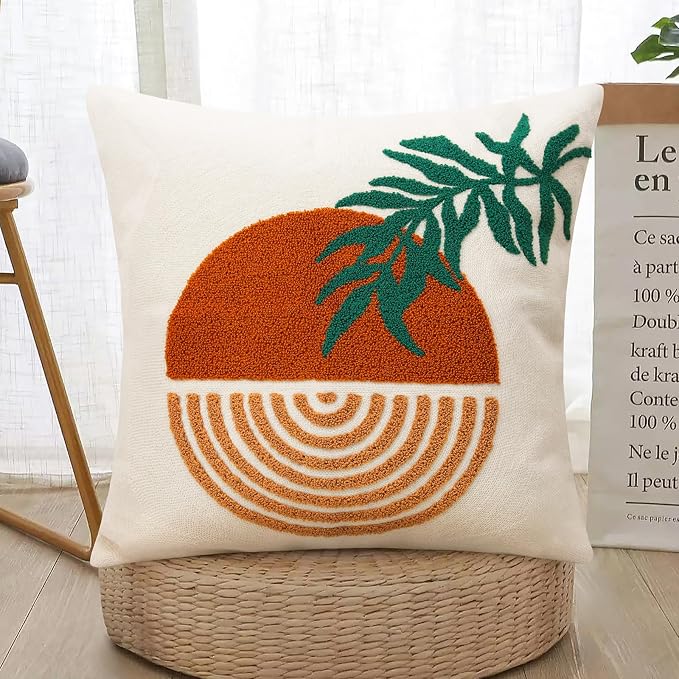 Merrycolor Orange Boho Abstract Throw Pillow Covers 18x18 Tufted Mid Century Modern Throw Pillows Sun Leaf Accent Pillow Covers Textured Boho Pillows Decorative Throw Pillows for Bed Couch Sofa