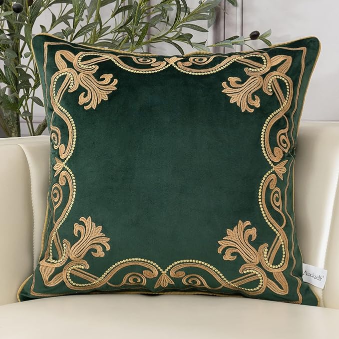 Aeckself European Luxury Velvet Throw Pillow Cover 20 x 20 Inch, Embroidery Floral Pillow Cover Home Decor Pillowcase for Couch Bedroom Living Room, Dark Emerald Green and Gold