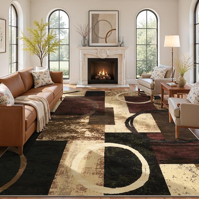 Yamaziot 9x12 Washable Modern Abstract Area Rug Non-Slip Living Room Rug | Stain Resistant, Low Pile, Ultra Soft Carpet Rug with Rubber Backing for Dining Room, Nursery, Bedroom, Office, Brown