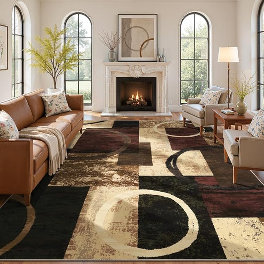 Yamaziot 9x12 Washable Modern Abstract Area Rug Non-Slip Living Room Rug | Stain Resistant, Low Pile, Ultra Soft Carpet Rug with Rubber Backing for Dining Room, Nursery, Bedroom, Office, Brown