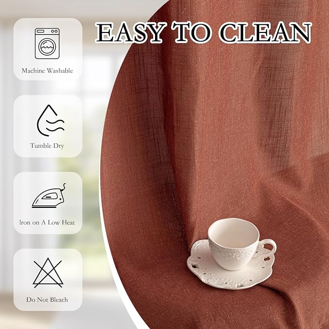 MYSKY HOME Extra Long Curtains for Living Room 96 Inches Light Filtering Semi Sheer Sliding Door Curtains Bedroom Window Drapes Privacy Back Tab Farmhouse Boho Modern, Terracotta, 50" x 96", 2 Panels