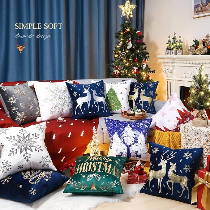 Lewondr Christmas Throw Pillow Cover, Gold Deer Snowflake, 20"x20", 2 Pack | Navy Blue, Soft Velvet, Embroidery Decorative, Luxurious Sofa Cushion Cover, Home Christmas Decoration