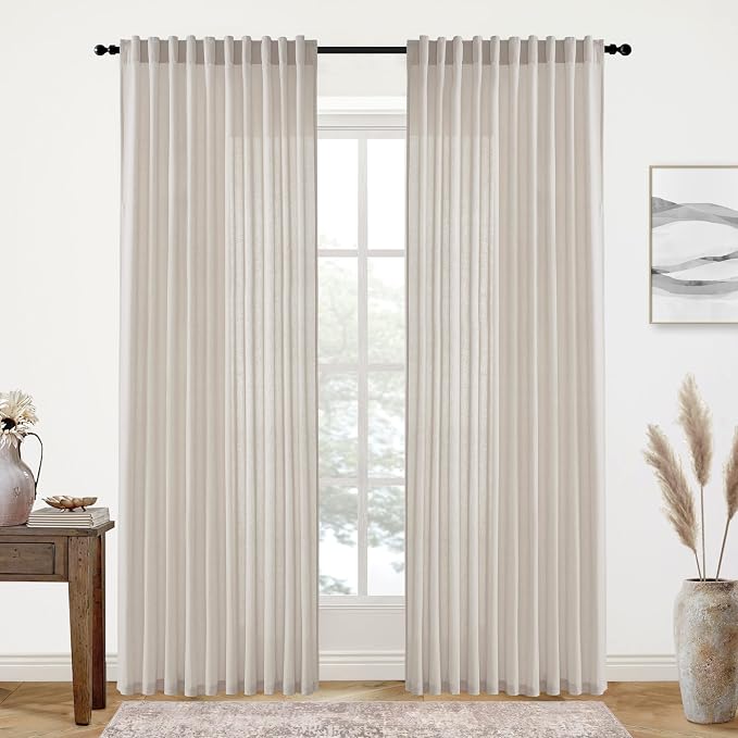 XTMYI 90 Inches Long Oatmeal Country Curtains for Living Room,Sheer Linen Shabby Chic Curtains for Bedroom 70 Inches Wide