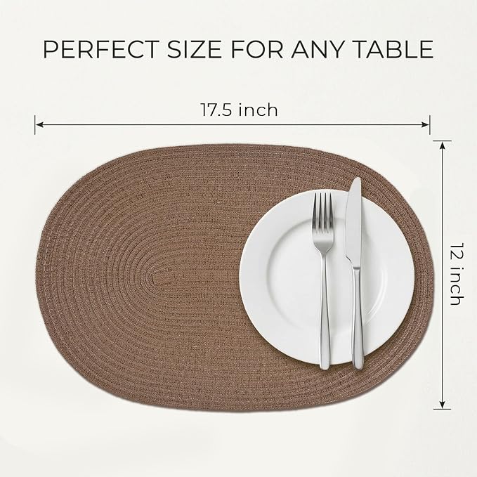 Placemats Set of 6, Woven Oval Braided Dining Table Mats(Chocolate Brown) | 12 x 17.5 Inch Size Fits Plates and Flatware; Hand Washable and Heat Resistant for Kitchen Use, with Farmhouse and Boho Style