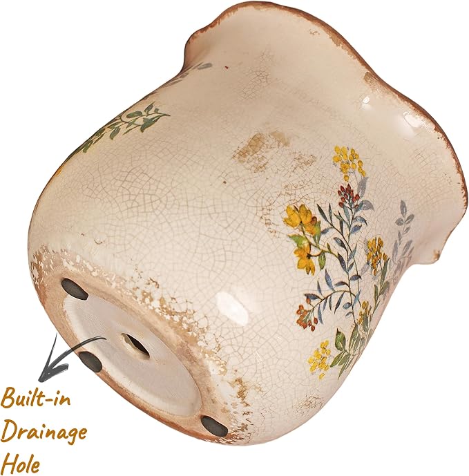 Xiaan Jiaju Ceramic Flower Vase, Rustic Farmhouse Vases & Planting Pots with Drainage, European Home Decor for Mantel Fireplace Bookshelf Wedding Centerpieces Gift, Yellow Blooms