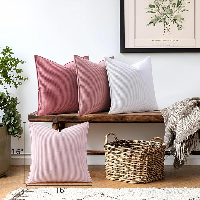 Pack of 4 Throw Pillow Covers Corduroy 16x16 Inch,Pink | Decorative Velvet Couch,Summer Cases Square,Farmhouse Boho Cushion Covers for Sofa Bed Living Room Home Decor & Office